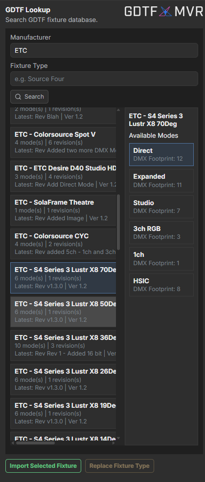 GDTF Lookup search results showing fixture types and available modes
