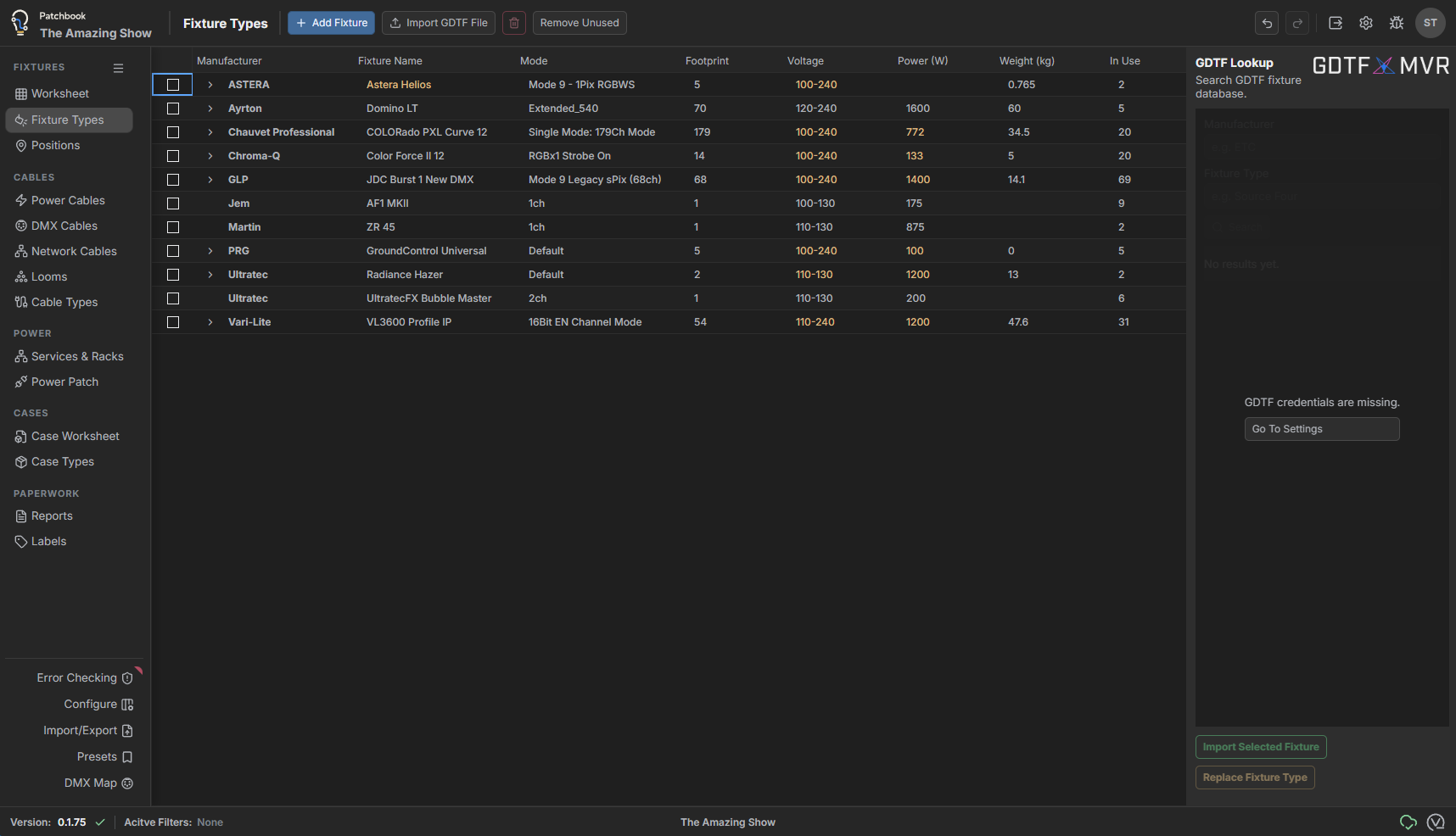 Patchbook Fixture Types worksheet showing manufacturers, modes, footprints, voltage, power, and GDTF lookup