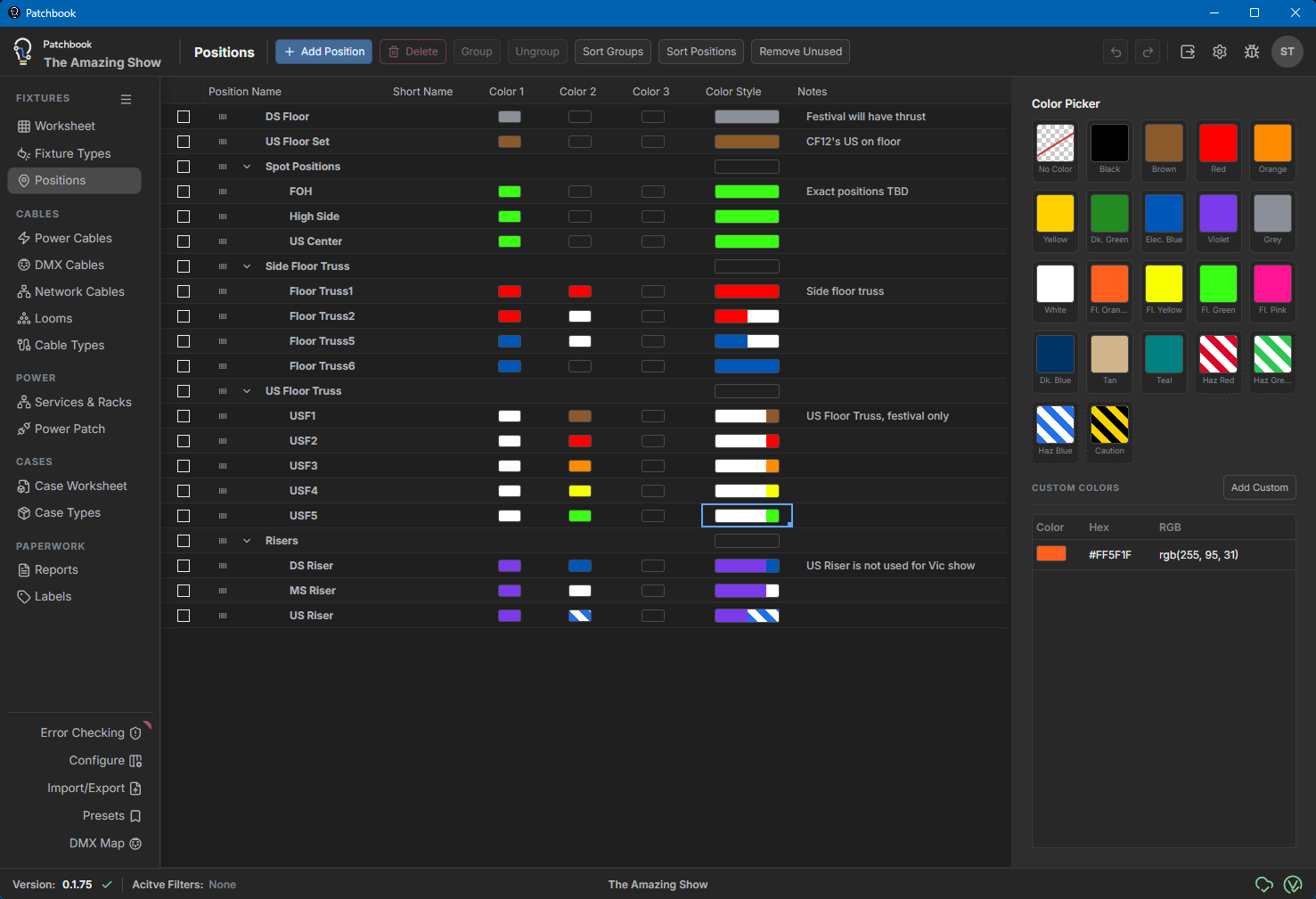 Patchbook Positions worksheet showing grouped positions, short names, three color fields, color styles, notes, and the color picker
