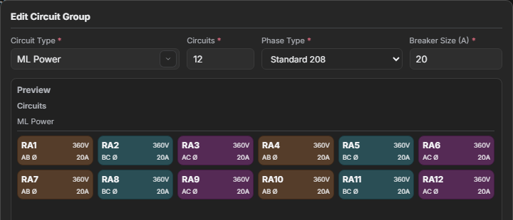 Circuit group editor showing circuit type, count, phase type, breaker size, and a preview of the resulting circuits